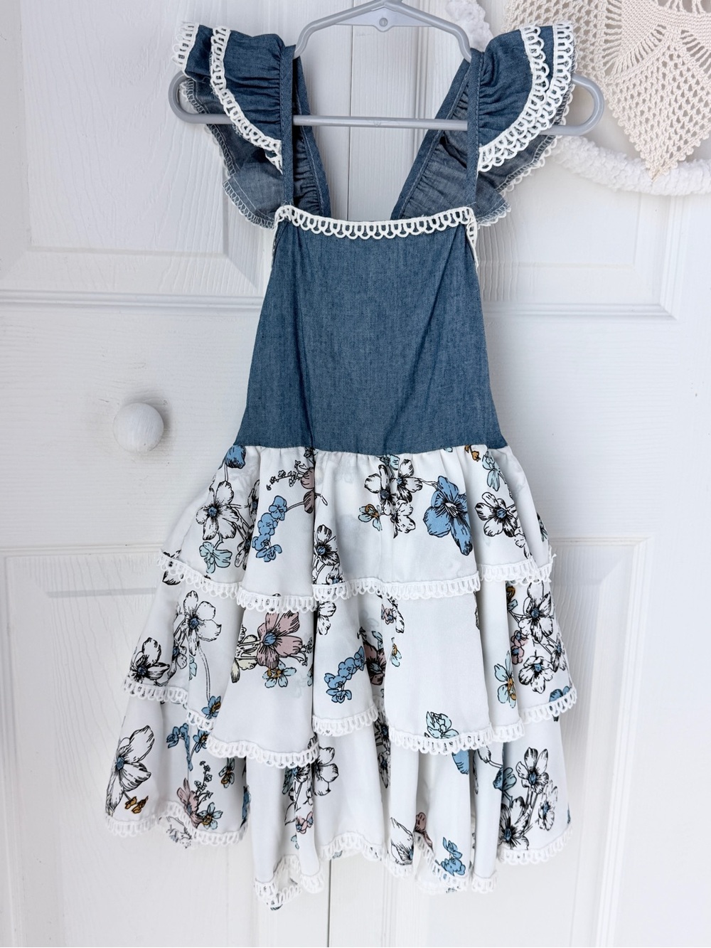 Girls Blue Denim & White Floral Tiered Dress